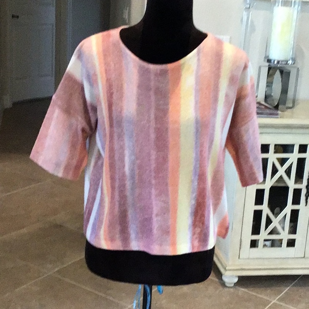 360 cashmere multicolored striped sweater, short sleeves, size small